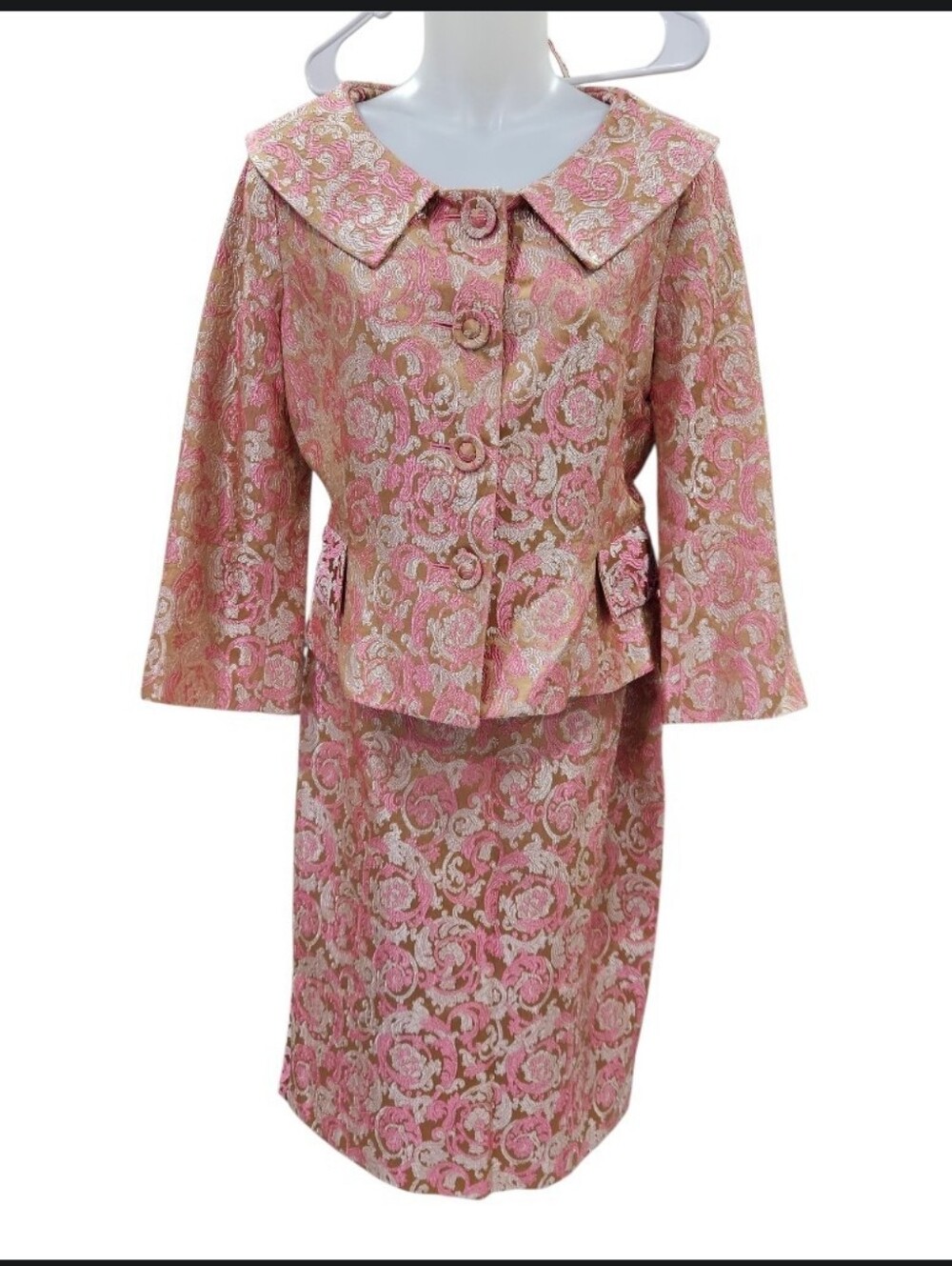 VTG Yoana Baraschi Pink Gold Cream Brocade Skirt Suit Crop Jacket 10 Retro Glam